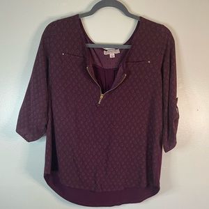 Tempted maroon 3/4 sleeve zip up top size Large